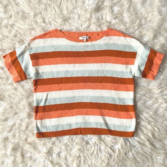 Madewell Light Knit Boxy Short Sleeve Cropped Sweater Top Amber Clay Stripe XXS - Picture 5 of 6